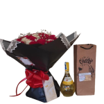 Romantic Red Roses Bouquet and Wine Bottle