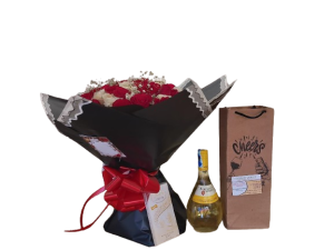 Romantic Red Roses Bouquet and Wine Bottle