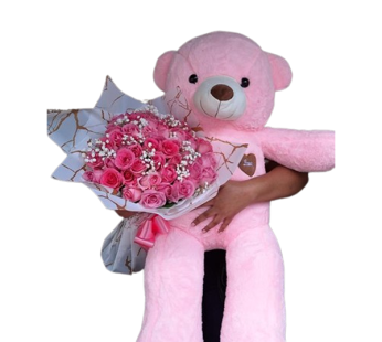 Adorable Pink Teddy Bear Holding Bouquet of Flowers | Nairobi, Kenya